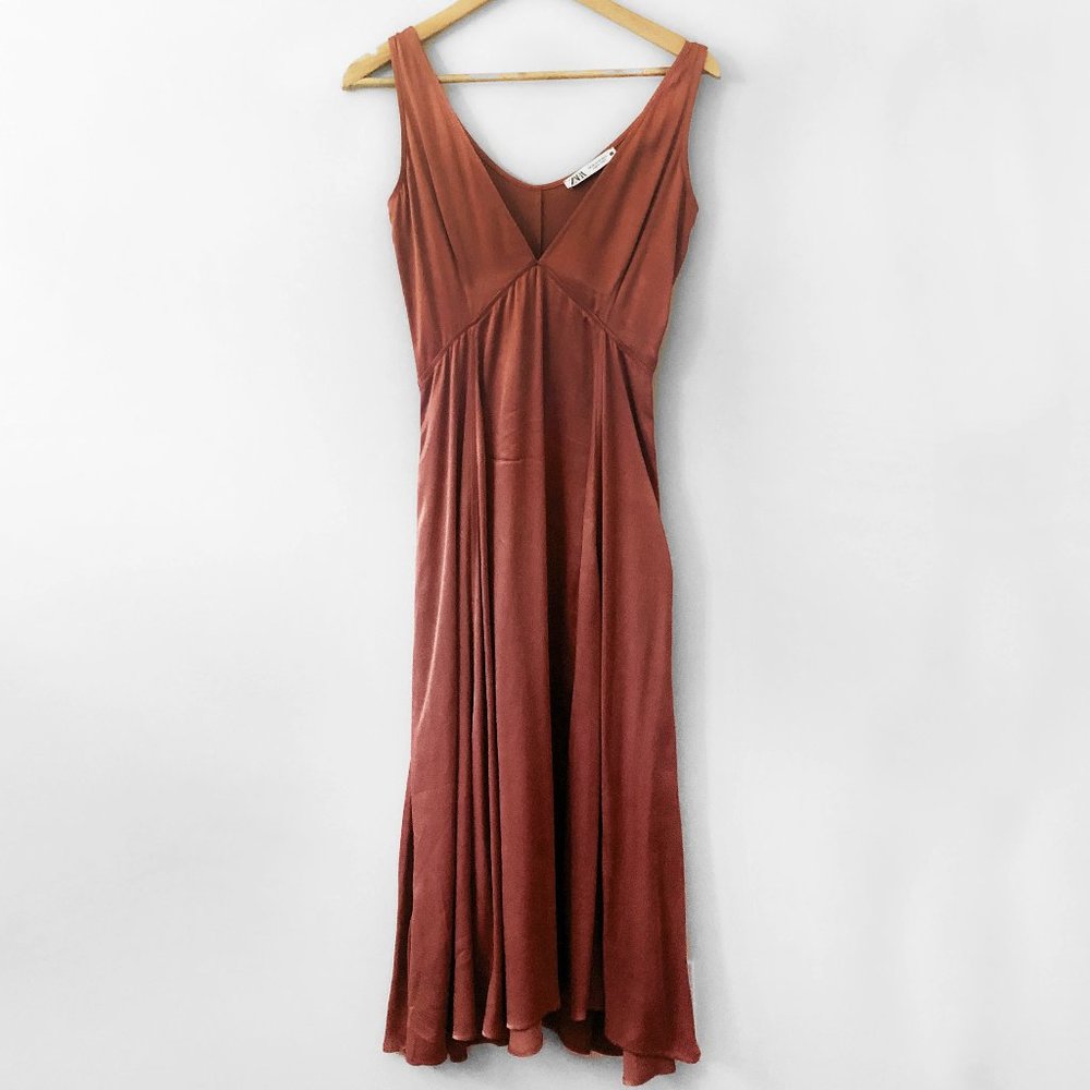 Zara Satin Midi Slip Dress in Dusty Rose/Copper